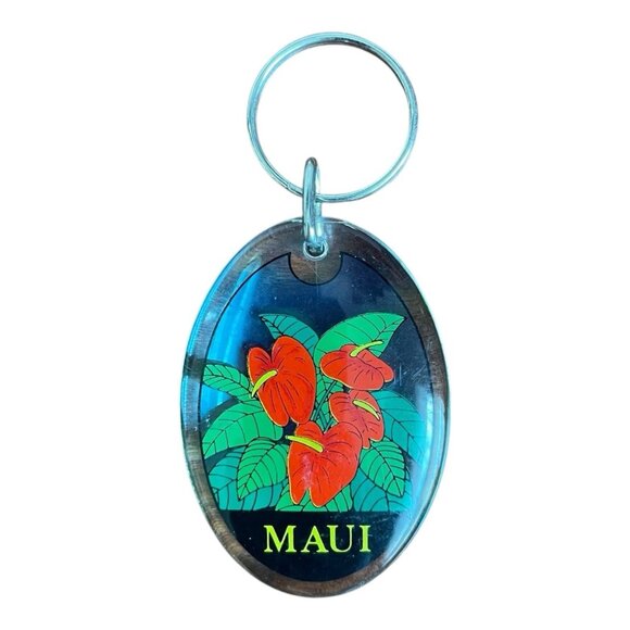 Maui Hawaiian Islands Souvenir Keychain Double Sided Red Anthurium Acrylic New - Picture 3 of 3